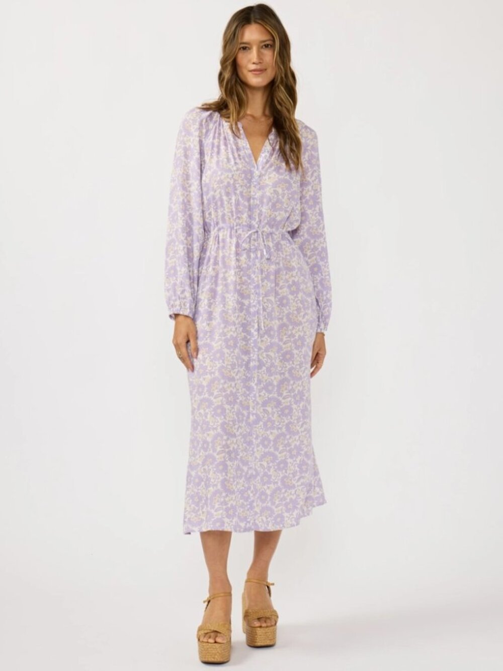 MDW Sale! Lavender Button Down Drawstring Waist Midi Dress NWT